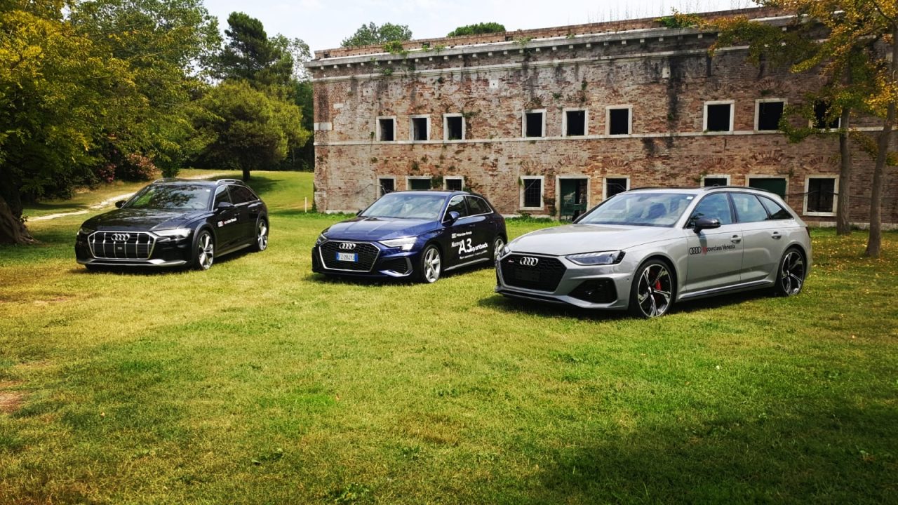 Audi A6, A3 e RS4 di fronte alla casa matta del circolo del golf Venezia